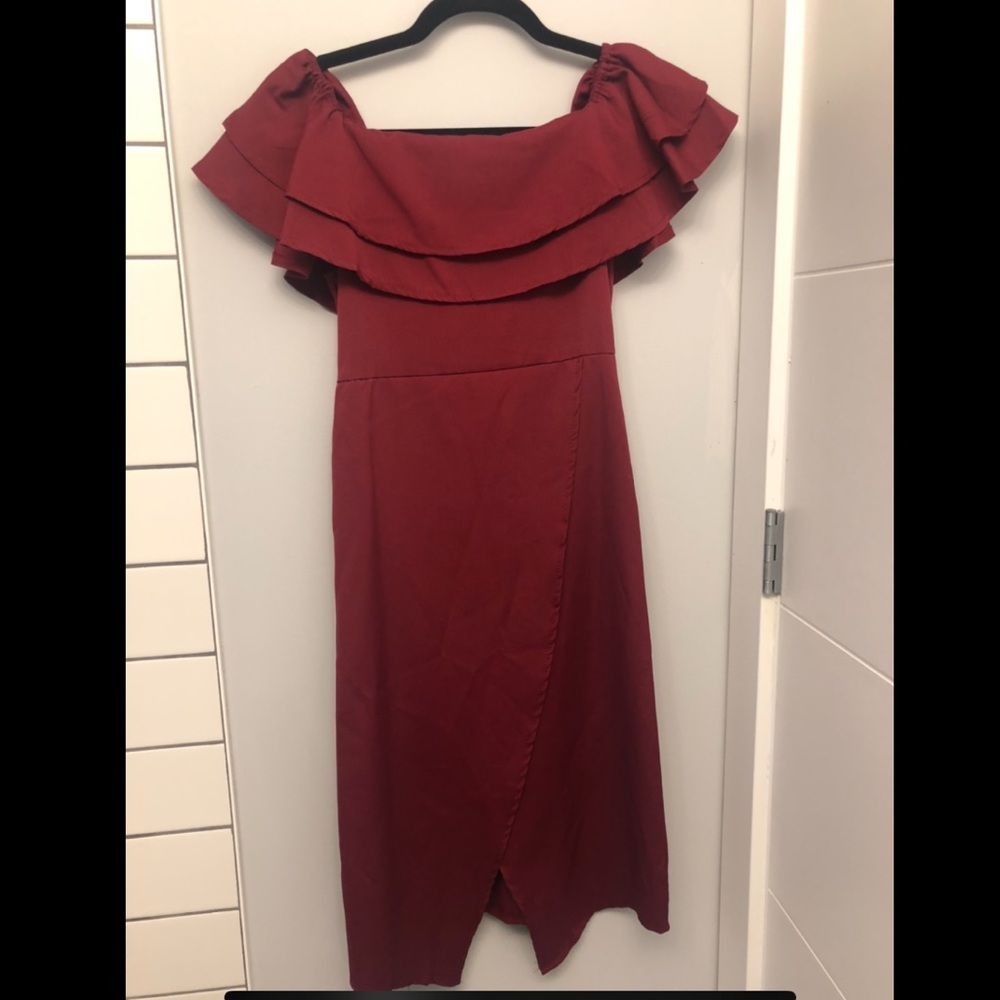 Red Off Shoulder Ruffle Detail Cocktail Dress
